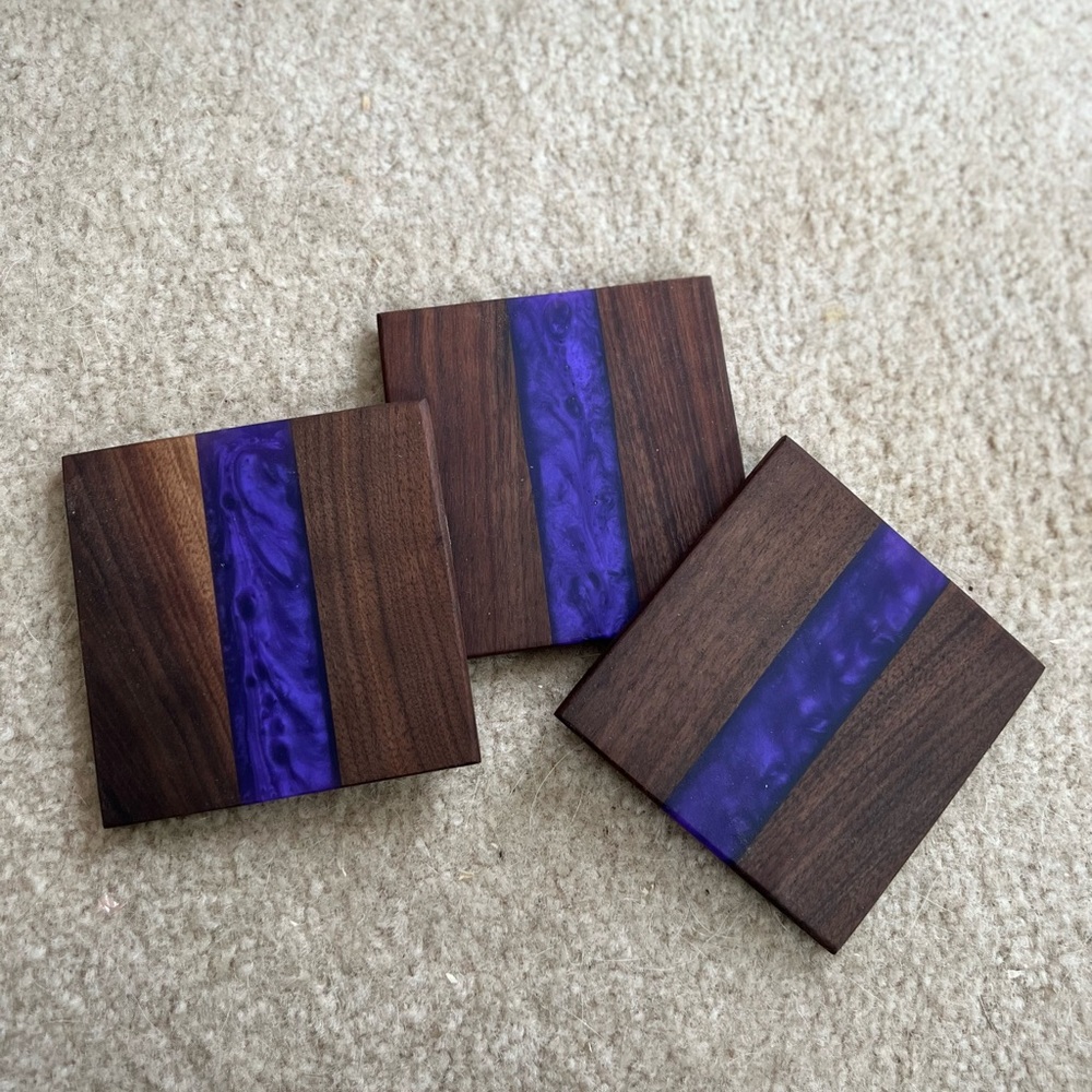 Wooden walnut purple coaster set of 3.